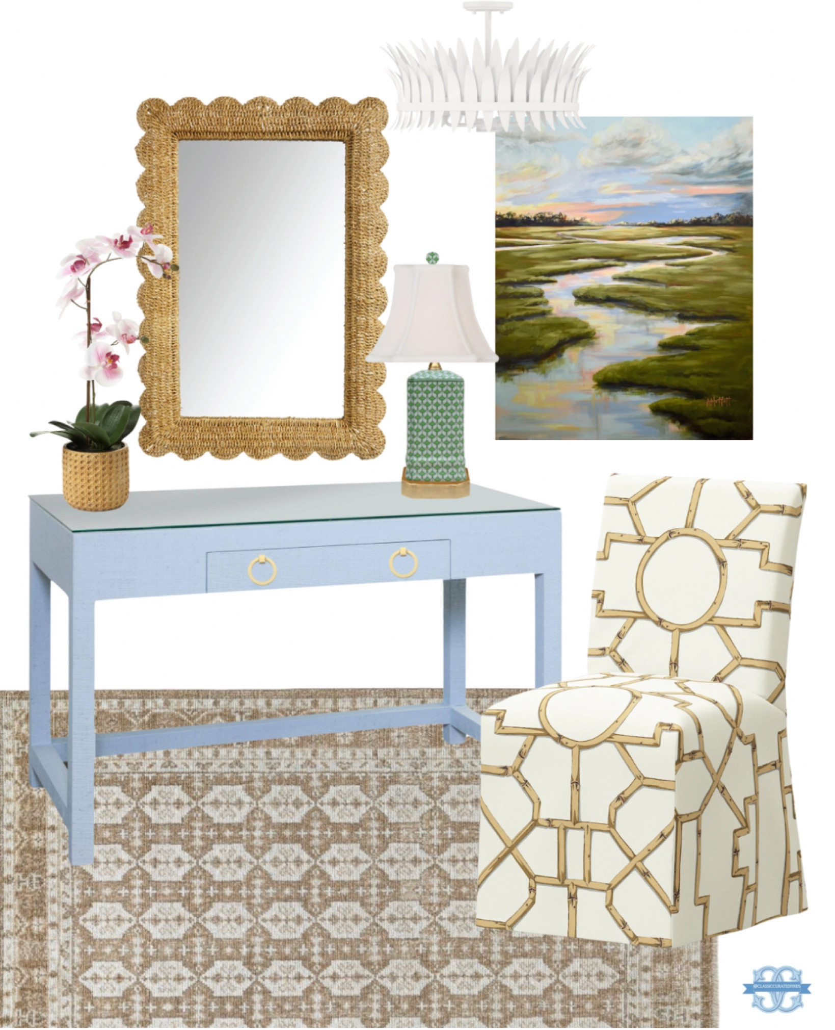 Pretty coastal style entryway inspo!🩵

Home Decor, Coastal Decor, Grandmillennial, Scalloped Mirror, Entryway Decor, Desk, Chair, Rug

#LTKhome