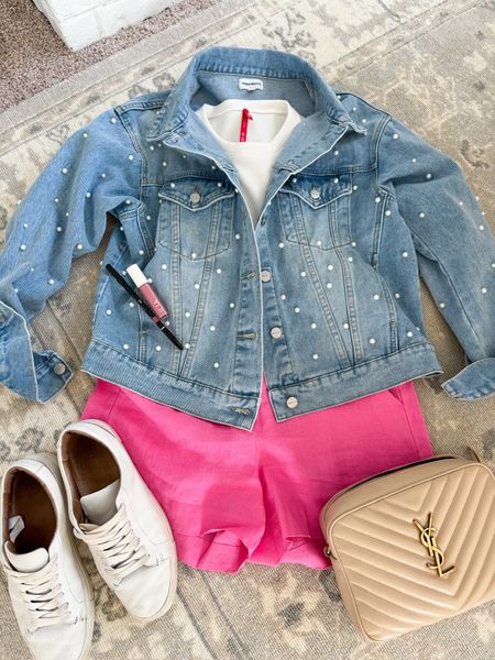 Spring vacay ready with this look! Pair the perfect tee from Spanx with this embellished jean jacket and pink linen shirts from Loft. Finish the look for a cross body bags and sneakers and you’re ready for a day of sight seeing  

#LTKSeasonal #LTKtravel #LTKstyletip