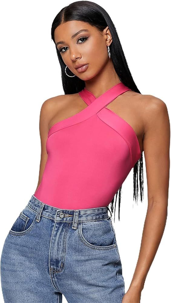 Floerns Women's Solid Criss Cross Halter Top Sleeveless Tee Shirt | Amazon (US)