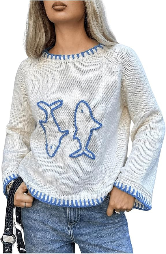 SHENHE Women's Oversized Graphic Pullover Sweater Crew Neck Cute Soft Knitted Sweater | Amazon (US)