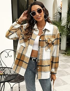 Uaneo Womens Plaid Shacket Button Down Wool Blend Fall Flannel Shirt Jacket | Amazon (US)