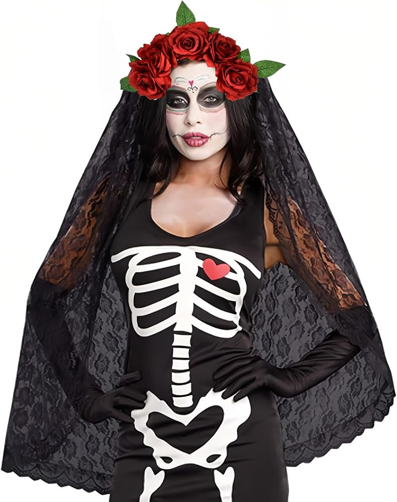 June Bloomy Day of the Dead Headpiece Rose Floral Crown Veil Halloween Costume Mexican Flower Hea... | Amazon (US)