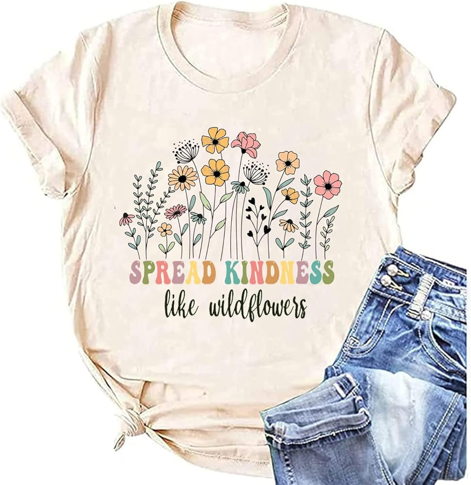 Spread Kindness Like Wildflower T-Shirt Women Casual Inspirational Teacher Be Kind Shirt Plant Lo... | Amazon (US)