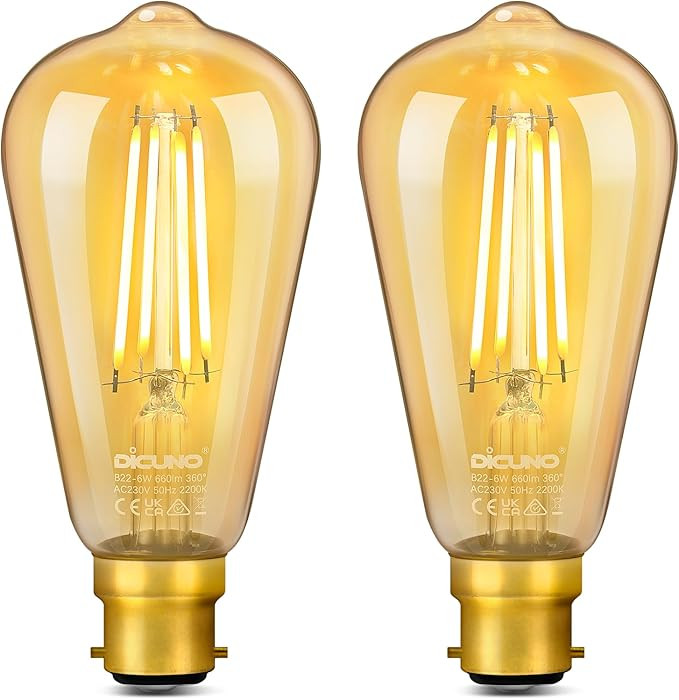 DiCUNO ST64 Vintage Light Bulb B22 6W, 60 Watt Equivalent, Antique/Retro Amber Glass Lamp, 2200K ... | Amazon (UK)