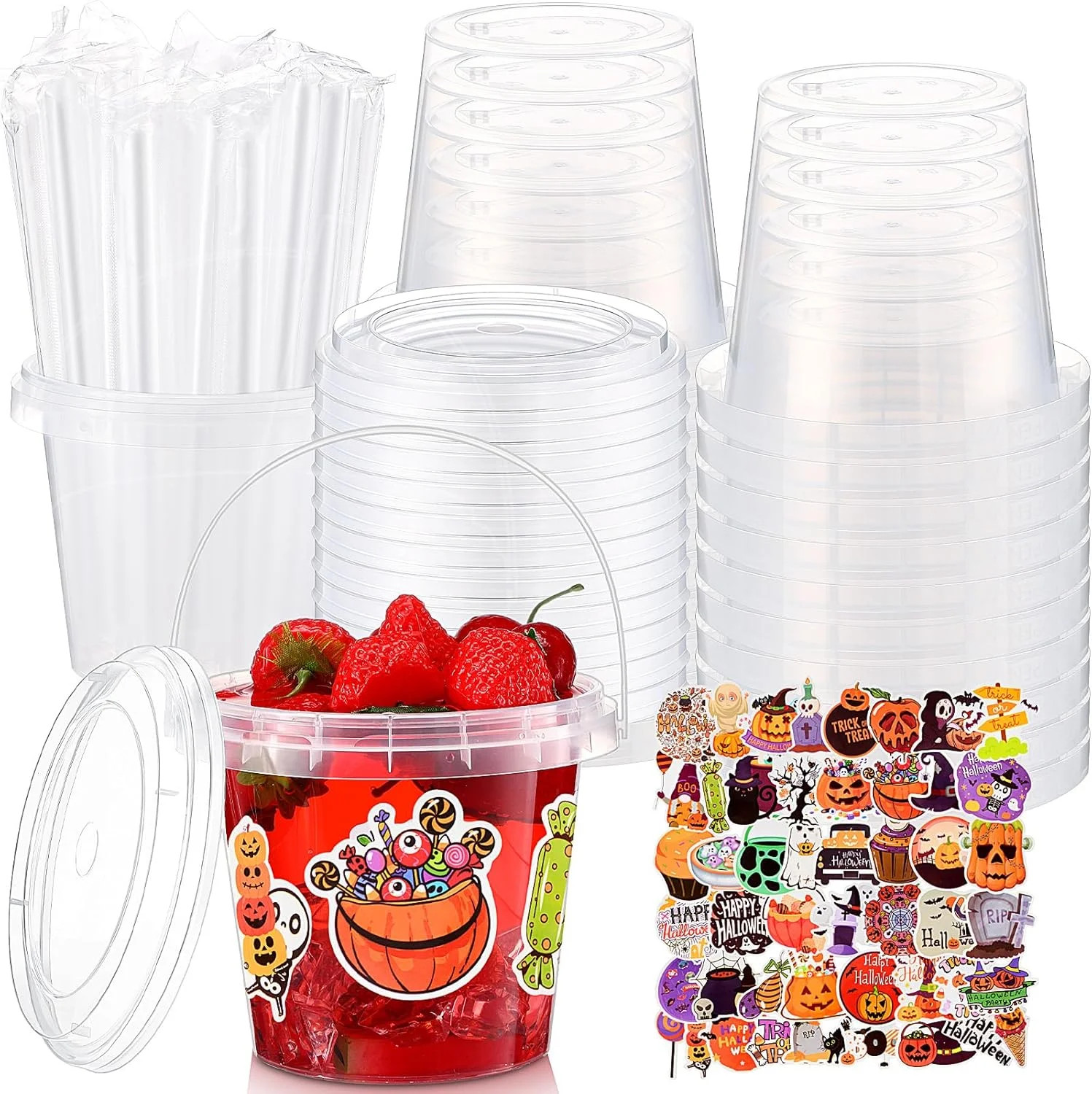 30 Sets Halloween Clear Plastic Cups 24 oz Ice Cream Buckets with Lids & Straws Disposable Drink ... | Walmart (US)