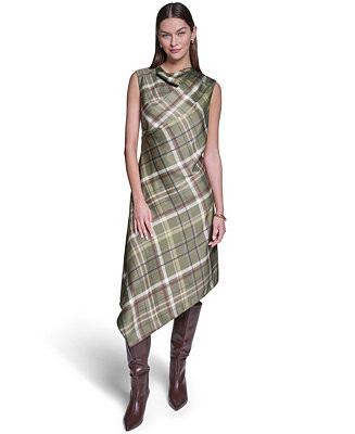 Women's Cowl Neck Plaid Asymmetrical Midi Dress | Macy's
