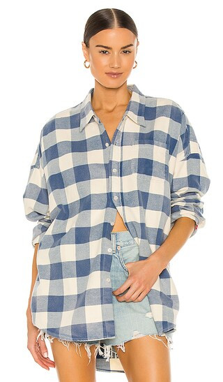 Button Front Shirt in Light Blue & Ecru Plaid | Revolve Clothing (Global)