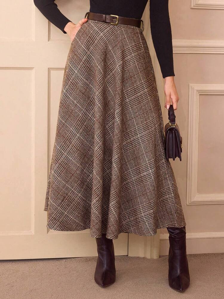 Plaid Woolen A-Line Skirt, High Waist Flared Hem Skirt For Women, Autumn/Winter | SHEIN