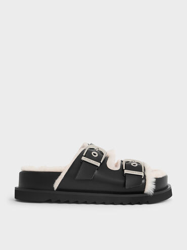 Black Hannah Furry Buckled Double-Strap Sandals | CHARLES & KEITH | Charles & Keith US
