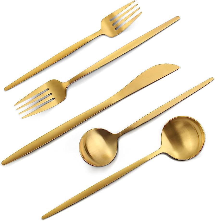 Matte Gold Silverware Set, VANVRO 40-Piece Stainless Steel Flatware Set, Satin Finish tableware C... | Amazon (US)