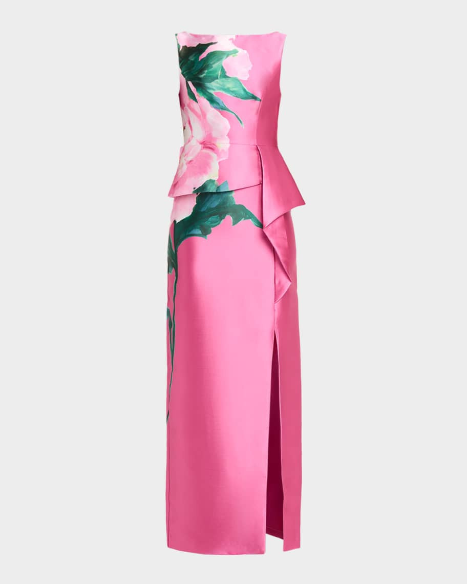 Luciana Floral-Print Mikado Column Gown | Neiman Marcus