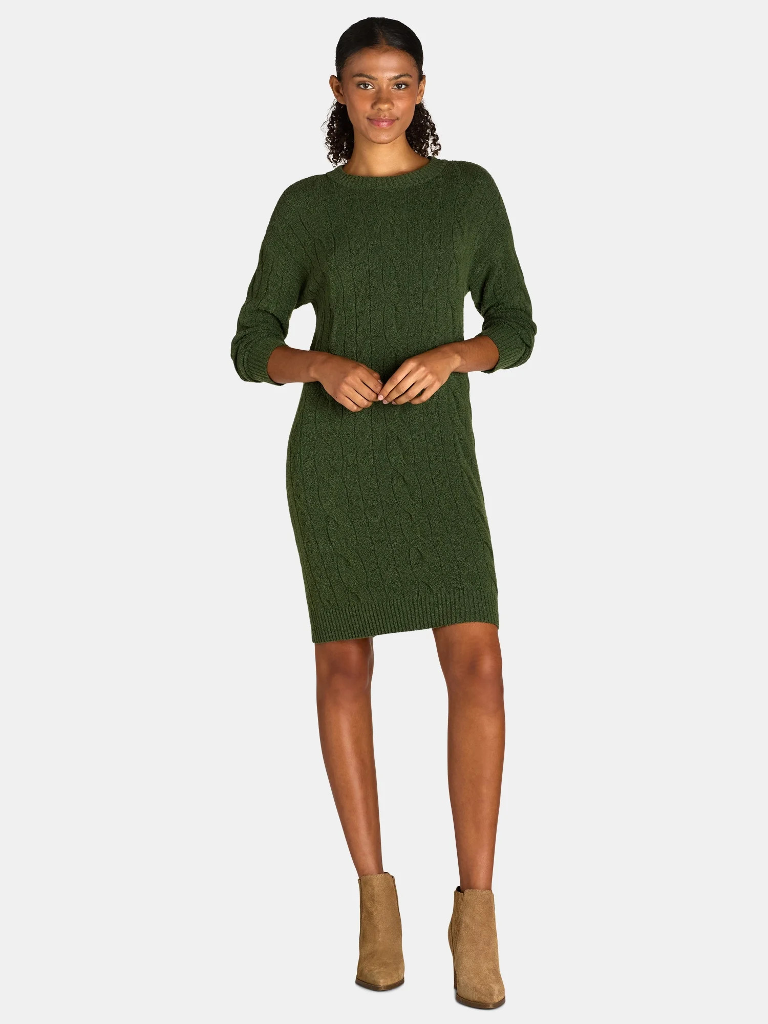 Time and Tru Women's and Women's Plus Cable Sweater Dress with Long Sleeves, Sizes XS-3XL | Walmart (US)
