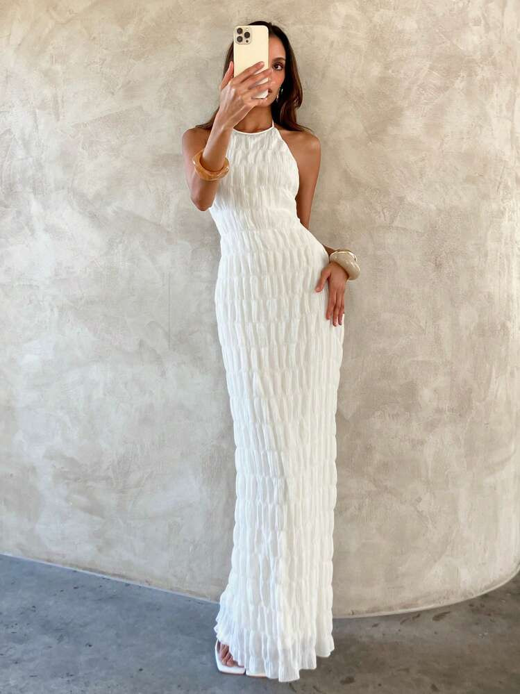 Aloruh Women's Elegant Daily Casual Commuting Vacation Simple Sexy Backless White Dress Office Dress Birthday Party Dress Old Money Style Dress Bodycon Dress Solid Color Round Neck Sleeveless Waist Midi/Long Dress,Boho Clothes Women | SHEIN