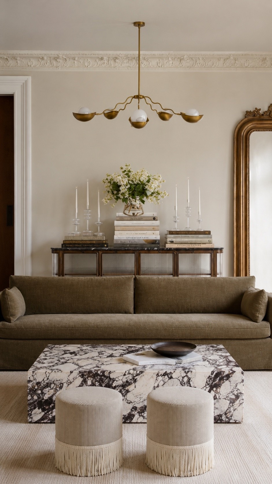Classic modern living room 

Green sofa, marble coffee table, striped ottoman, glass sideboard, coffee table books, taper candle holder, ornate gold floor mirror, faux tulips, faux lilac stems 

#LTKsalealert #LTKSeasonal #LTKhome