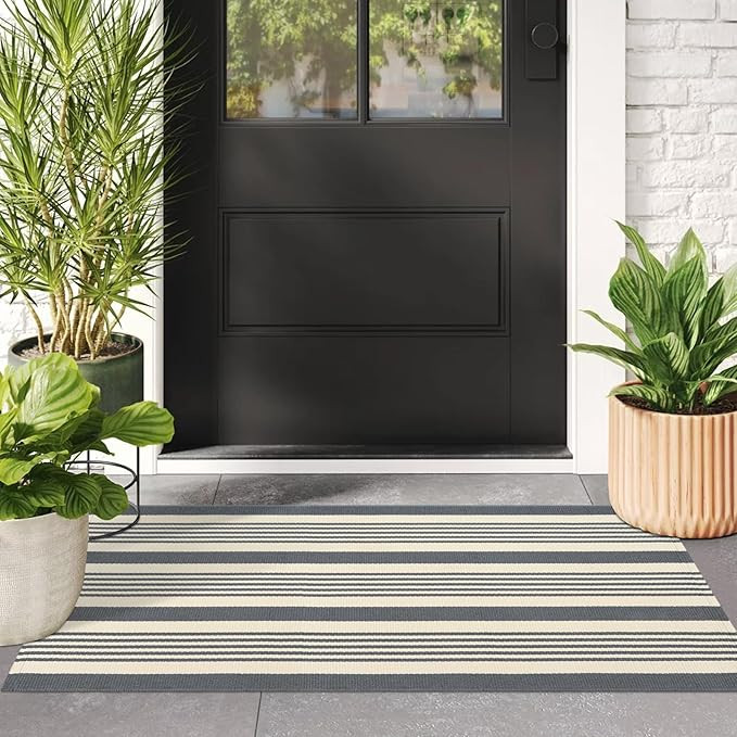 Grey Striped Outdoor Rug, 2'x4.3' Cotton Hand-Woven Reversible Area Rug Fall Front Porch Rug Wash... | Amazon (US)