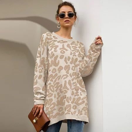 Tomshoo Women Sweater Contrast Leopard Patterns Dropped Shoulder Round Neck Long Sleeve Casual Knitw | Walmart (US)