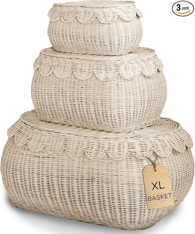 BEBE BASK Large Scalloped Basket Set Of 3 - Hand-Woven & Award-Winning Scallop Basket - XL - Extr... | Amazon (US)