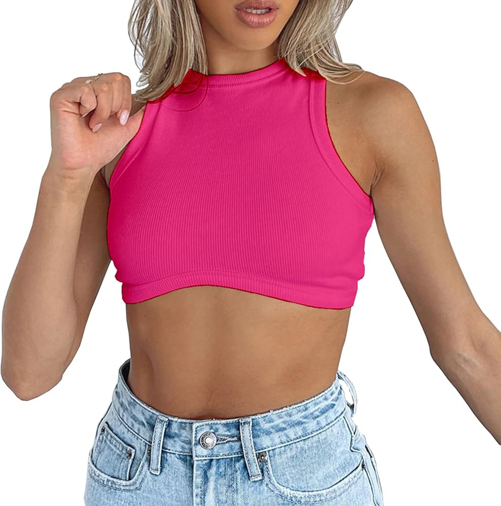 Dwnval Sexy Sleeveless Crewneck Tank Top Ribbed Knitted Crop Tops for Women | Amazon (US)
