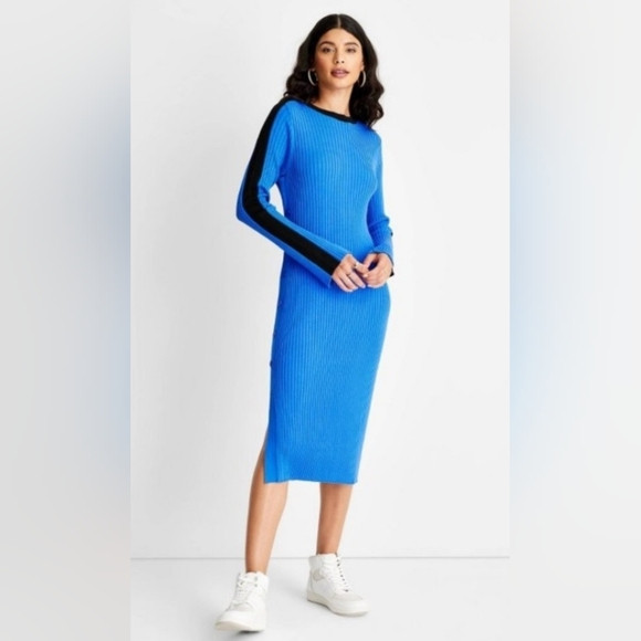 Future Collective Blue Midi Dress with Black Stripe Size Large EUC | Poshmark