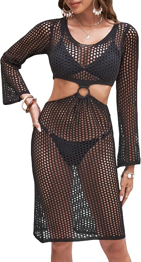 MakeMeChic Women's Crochet Cover Up Long Sleeve Knitted Swim Beach Cover Up Dress Swimwear | Amazon (US)