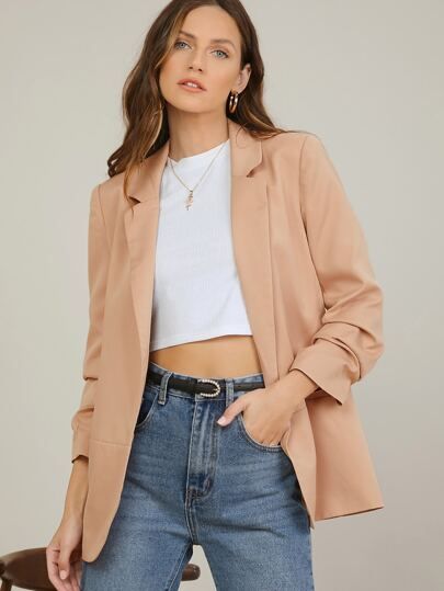 Notch Collar Ruched Sleeve Open Front Blazer | SHEIN