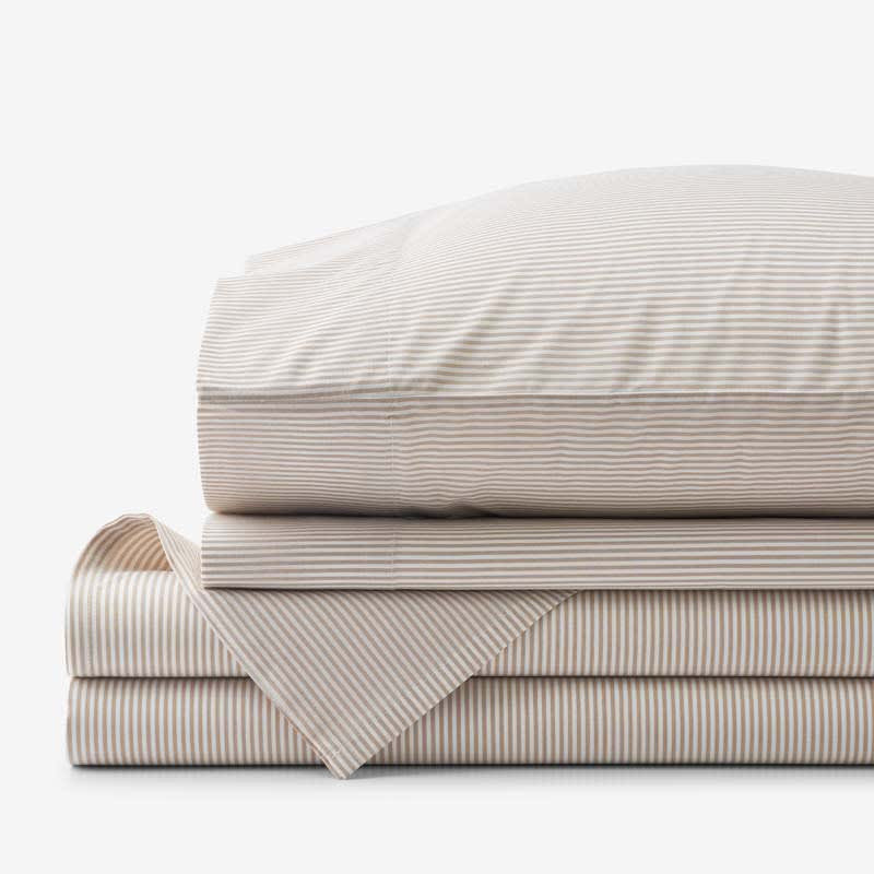 Classic Stripes and Plaids Cool Yarn-Dyed Cotton Percale Bed Sheet Set - Stripe Tan, Full | The Company Store
