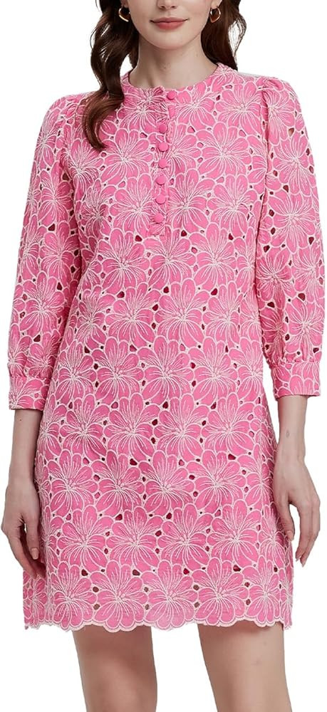 D-Sun Women's Floral Jacquard Dress Crewneck 3/4 Sleeve 3D Embroidered Slim Mini Dress Button Dow... | Amazon (US)