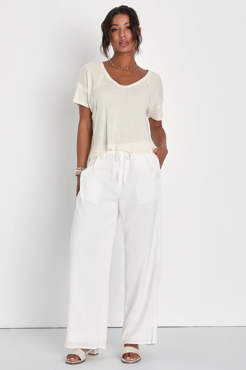 Breezy Ease White Crinkled Wide-Leg Pants | Lulus (US)