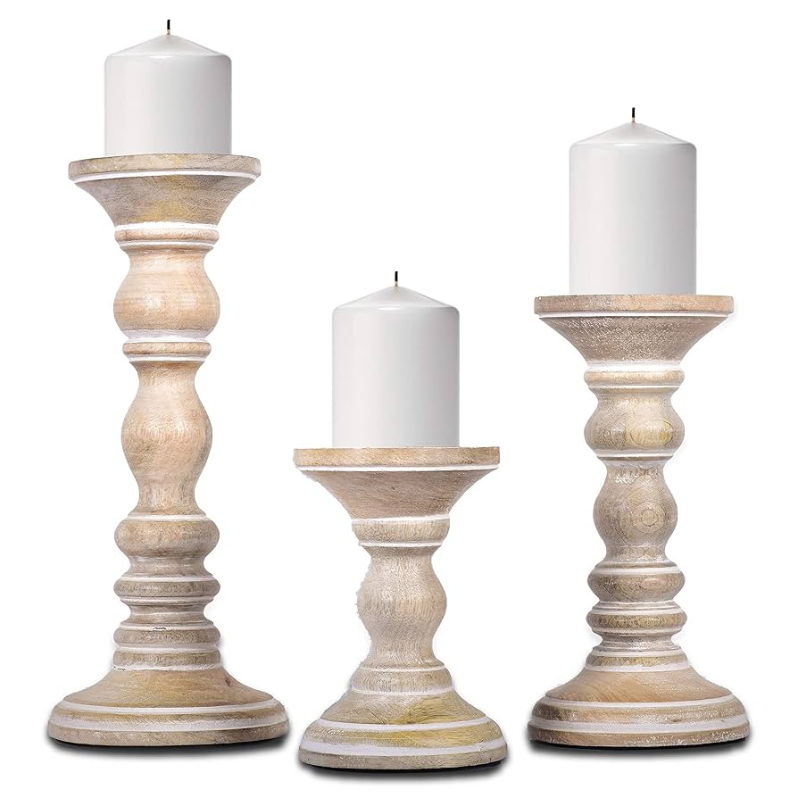 Mela Artisans Whitewash Wood Candle Holders for Pillar Candles Set of 3 | Willow Decor Style for ... | Amazon (US)
