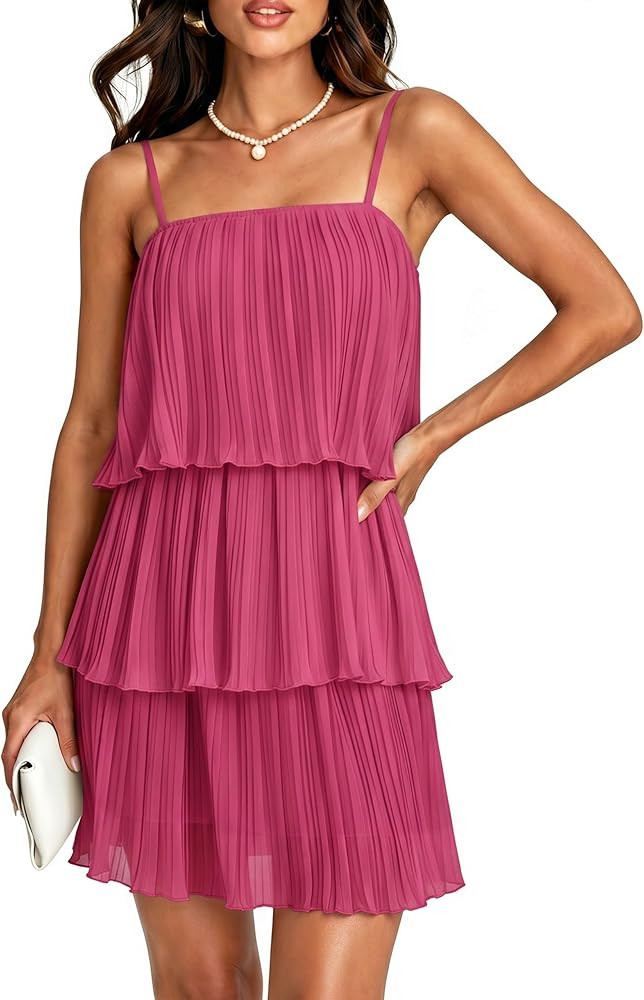 Glamaker Womens Summer 2 Piece Skirt Sets Sleeveless Spaghetti Tiered Layed Chiffon Short Sets Be... | Amazon (US)