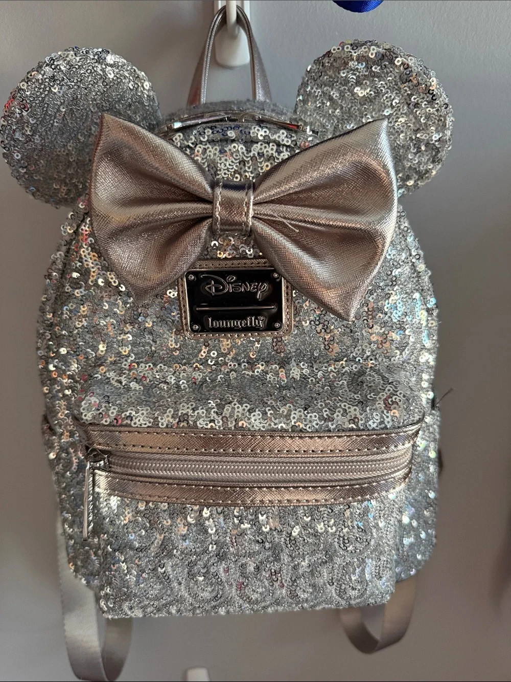 Loungefly Silver Sequin Minnie Ear Mini Backpack with Metallic Bow | Poshmark