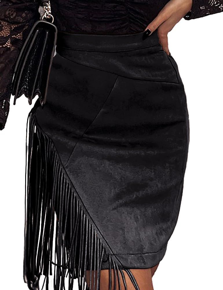 IDEALSANXUN Fringe Suede Skirt for Women High Waisted Fall Winter Tassel Short Mini Skirt 2023 | Amazon (US)