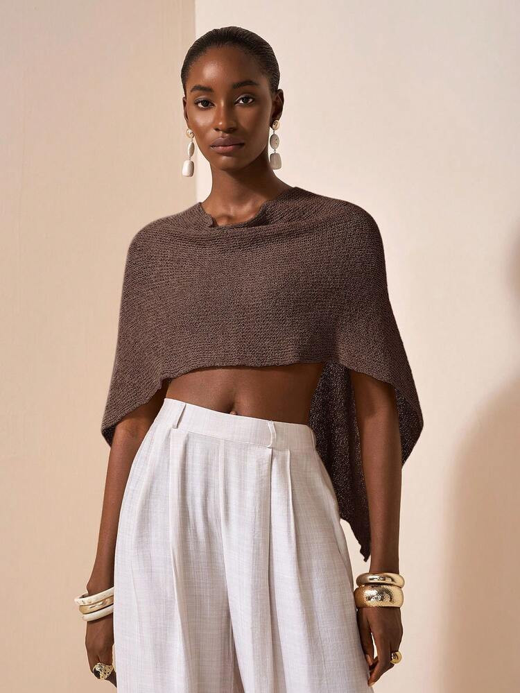 Zivah Sexy Shawl Poncho Versatile Knit Capelet Spaghetti Strap V-Neck Asymmetric Shoulder Design Top, Vacation Style Cape Top Brown Crop Top Going Out Tops Semi-Transparent Smock | SHEIN