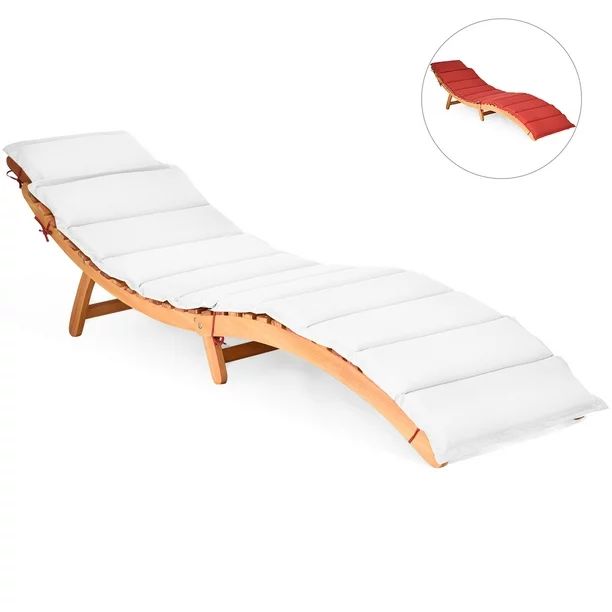 Costway Folding Wooden Outdoor Lounge Chair Chaise Red/White Cushion Pad Pool Deck - Walmart.com | Walmart (US)
