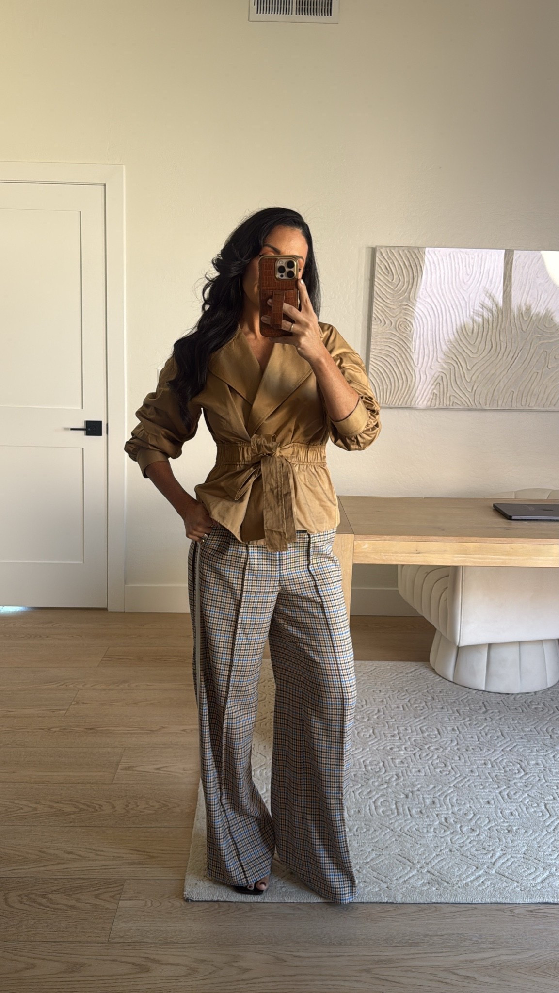 @macys outfit idea 
Size XS trench crop jacket 
Size small plaid track pants

#LTKTravel #LTKWorkwear #LTKSeasonal