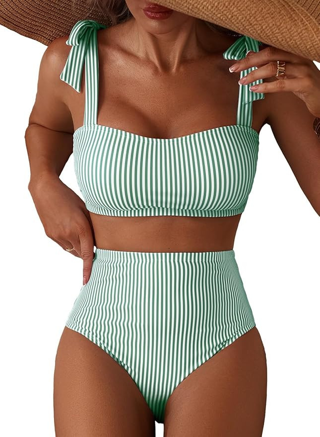 Herseas Women's Tie Shoulder Bikini Sets 2 Piece Striped Swimsuits High Waisted Bathing Suits | Amazon (US)