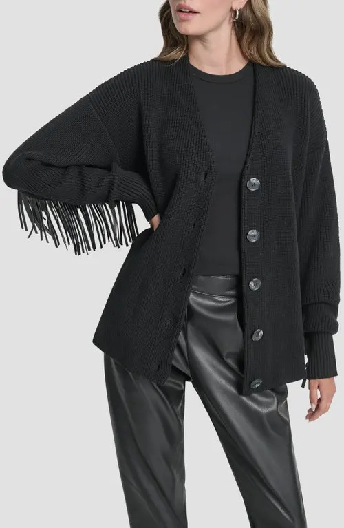 DKNY Faux Leather Fringe Cardigan in Black at Nordstrom, Size Large | Nordstrom