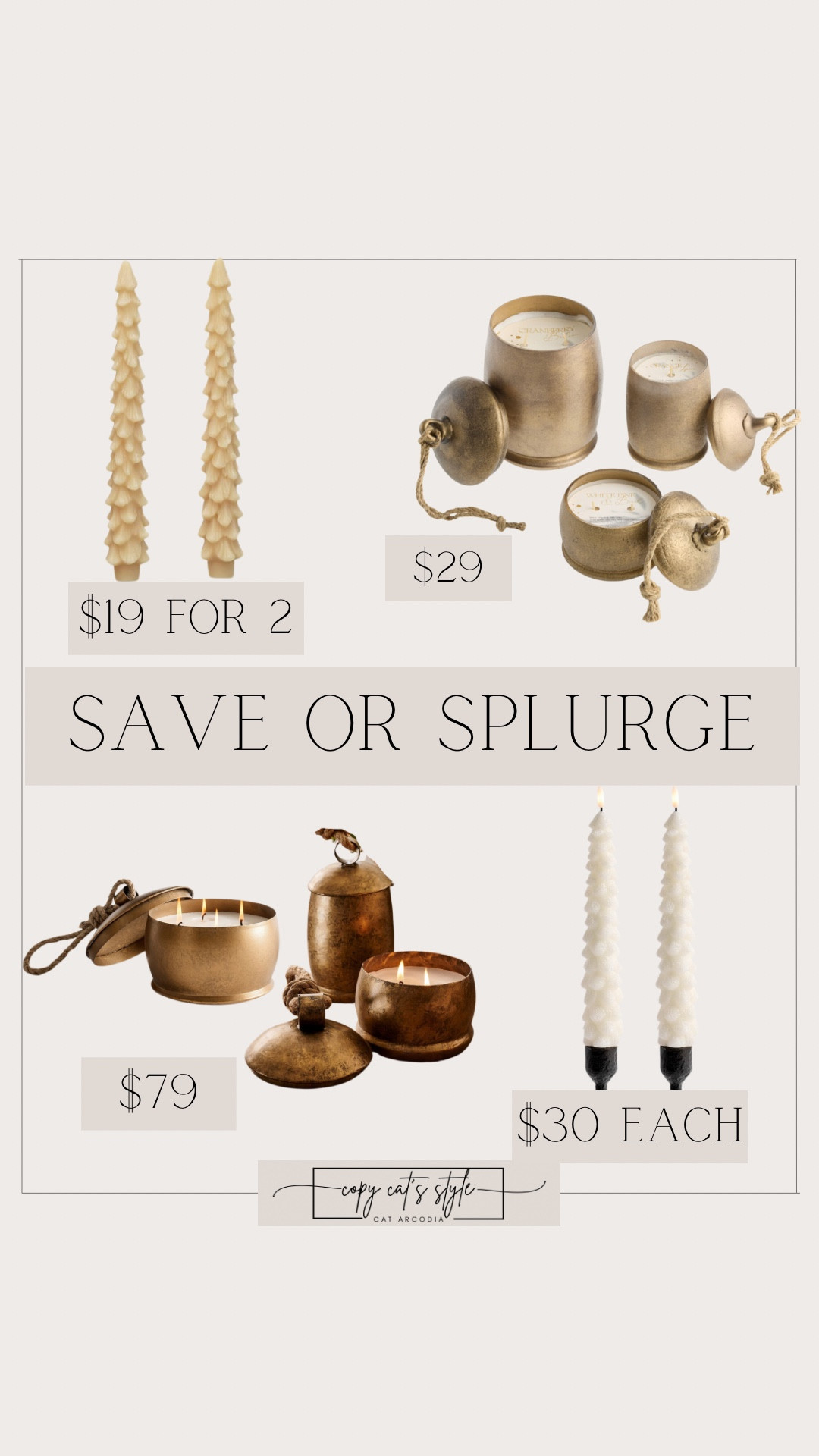 Save or splurge! Save vs splurge Christmas candles, tree shaped taper candles, gold bell scented candle, vintage bell candles, holiday candles 

#LTKSeasonal #LTKFindsUnder50 #LTKHoliday