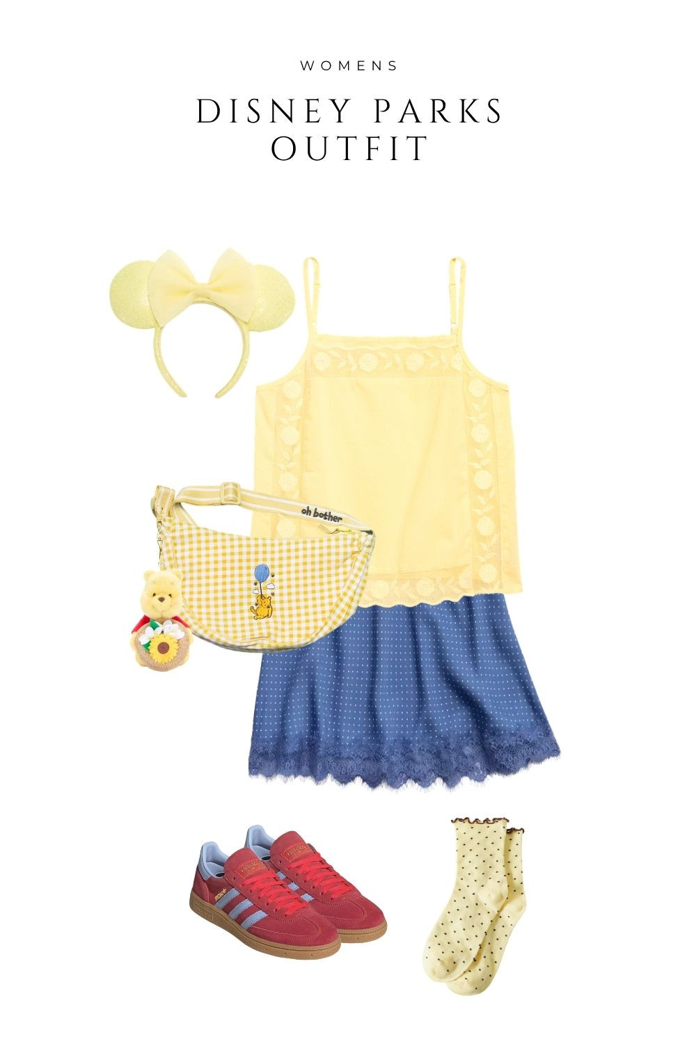This adorable Winnie the Pooh inspired Disney parks outfit is perfect for a summer day at Disneyland or Disney World. Featuring a yellow cami top, blue skirt, red sneakers, and matching Pooh bear accessories, this look is both comfy and cute for walking the parks all day. Style with Minnie ears and a crossbody bag for the ultimate Disney outfit aesthetic.

#LTKTravel #LTKootd