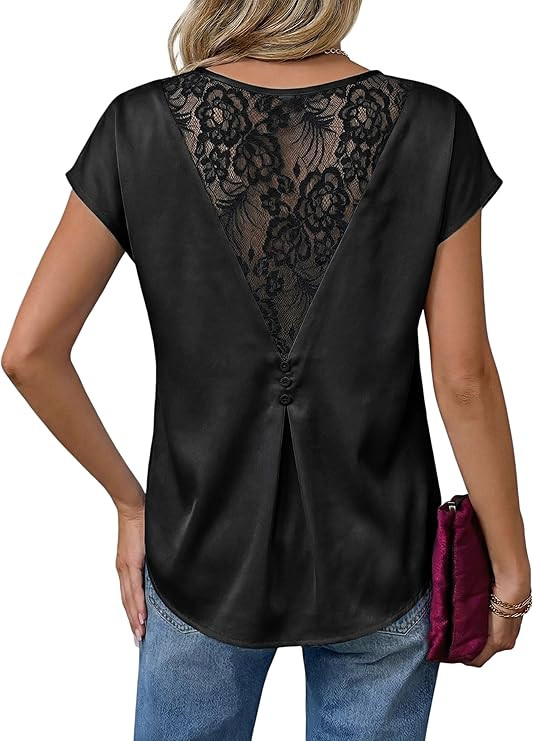 Dokotoo Womens Silk Satin Tops Short Sleeve Shirts Back Lace Patchwork Casual Dressy Business Blo... | Amazon (US)