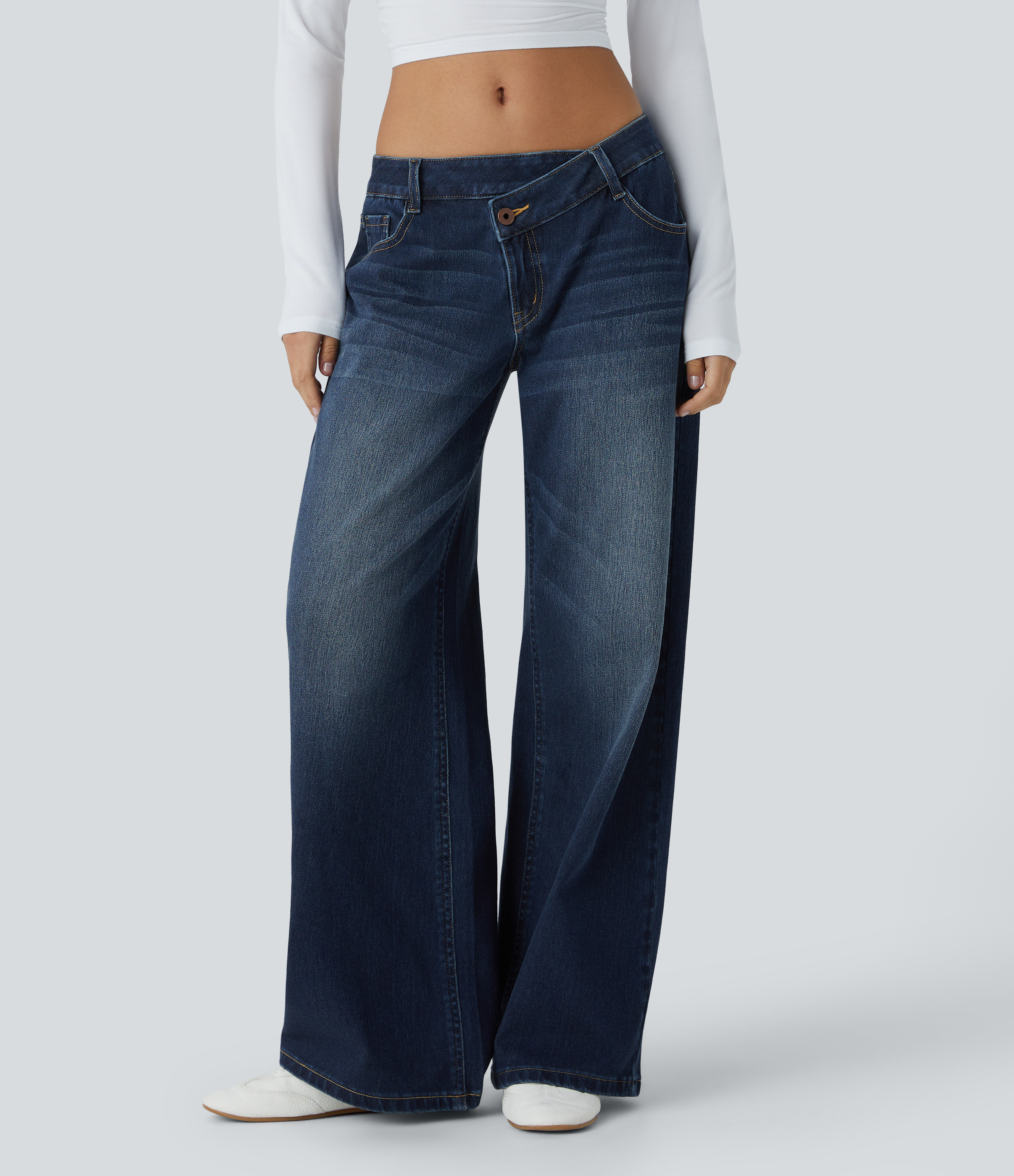 Halara Halara Flex™ Asymmetric Low Rise Zipper Pockets Baggy Wide Leg Washed Casual Jeans  - Paint Blue Denim - S(petite) | HALARA
