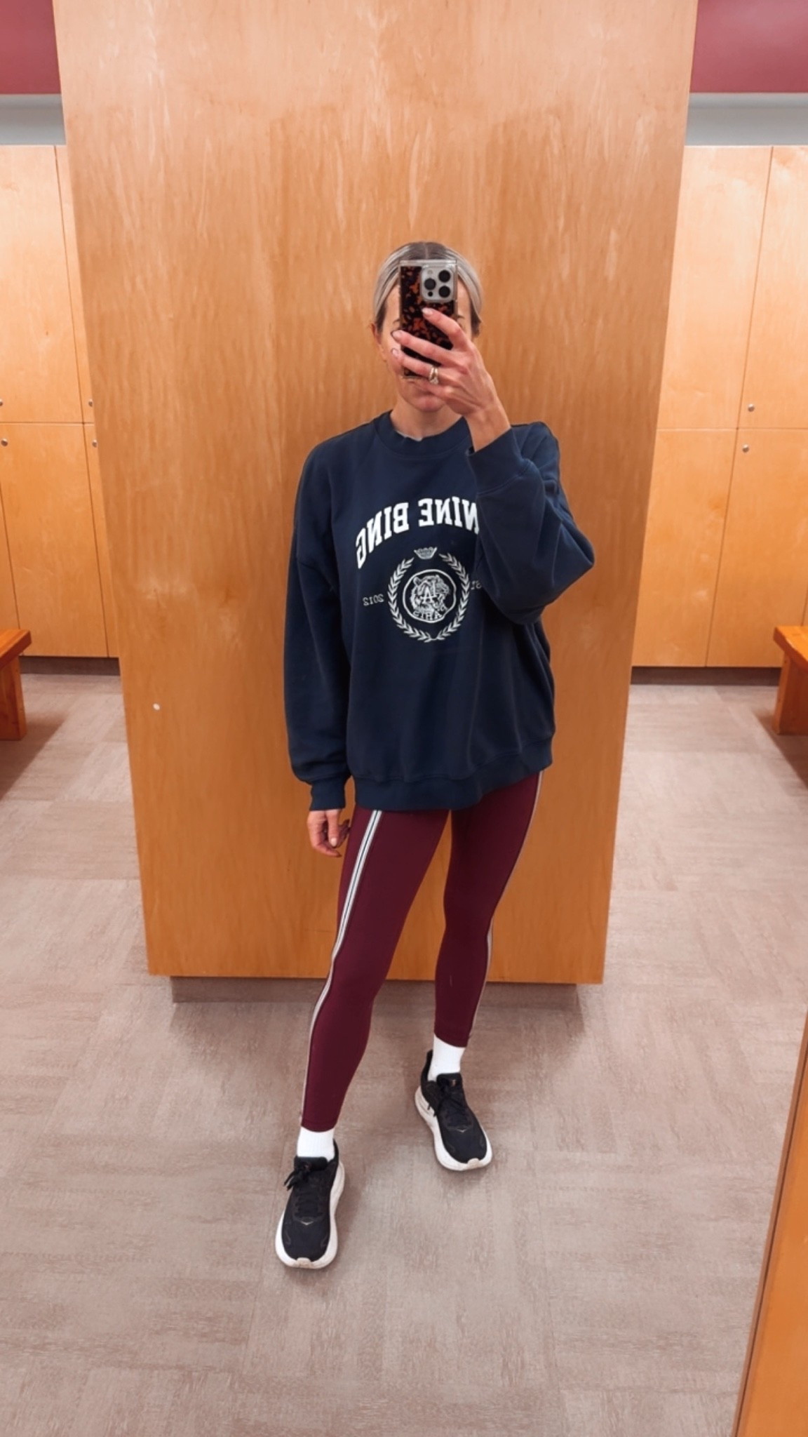 Very into maroon, navy and all things striped right now! These new striped leggings are so flattering and elongated the leg. Wearing a 4. Also ordered the matching bra in small, the navy pair and the shorts version. Wearing M in sweatshirt as I love it oversized!