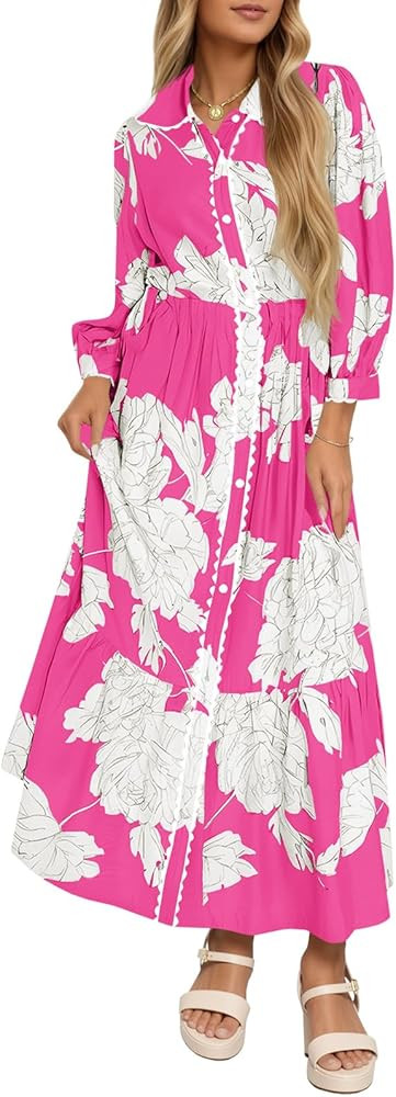 Wenrine Womens Maxi Shirt Dress Casual Floral Collared 3/4 Long Sleeve Drawstring Waist Fall Butt... | Amazon (US)