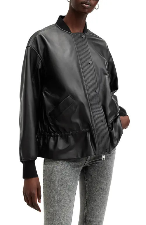 AllSaints Sofi Leather Bomber Jacket in Black at Nordstrom, Size 6 Us | Nordstrom