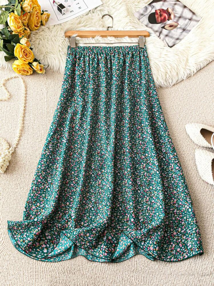 SHEIN LUNE Women's Elastic Waist Summer Elegant Vacation Style Ditsy Floral Skirt Maxi Women Skir... | SHEIN