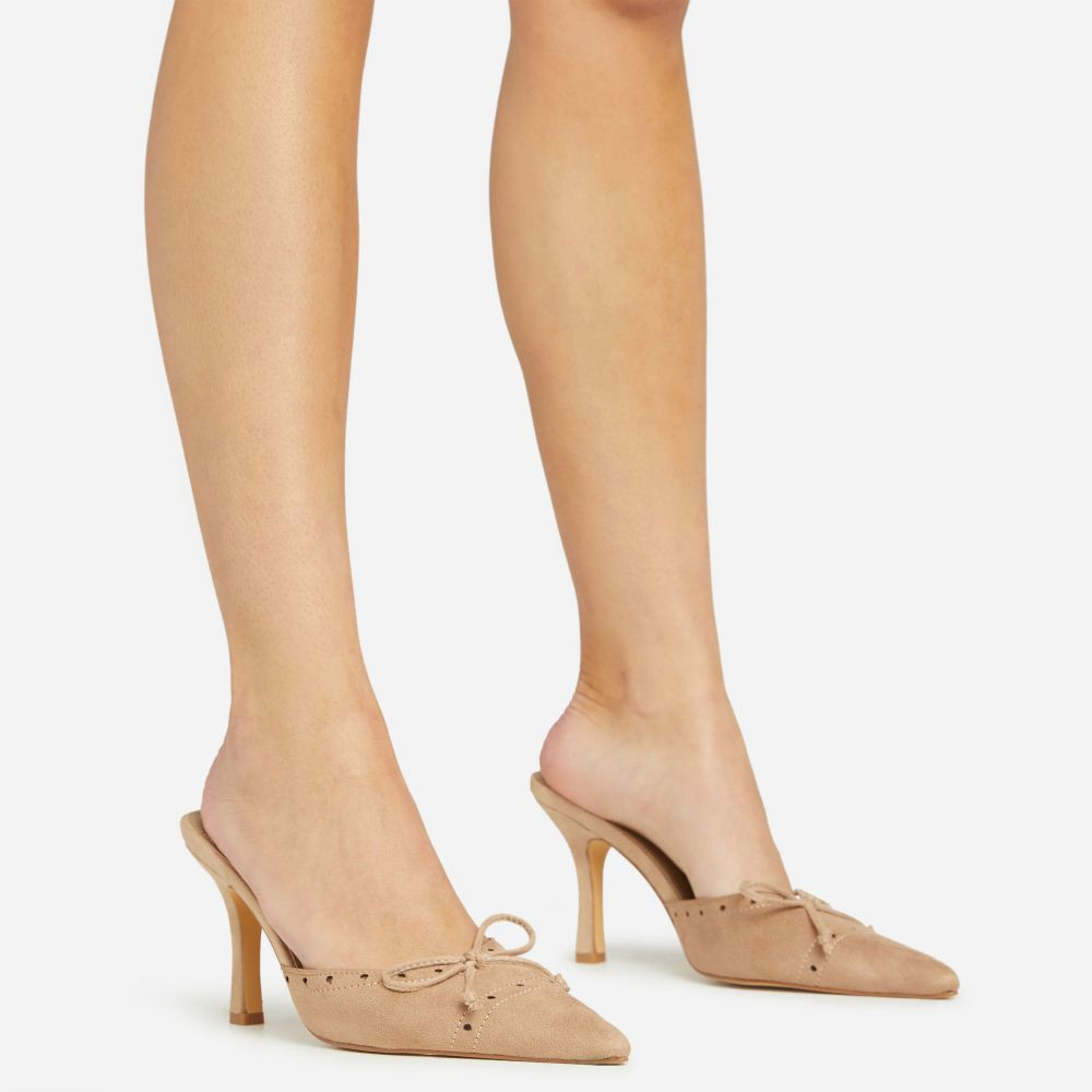 Autumn-Moon Bow Detail Pointed Toe Court Heel Mule In Nude Faux Suede | EGO (UK)