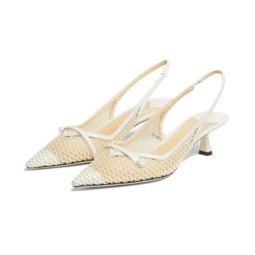 MIRAAZZURRA White Mesh Slingback Kitten Heels Pointed Toe Pumps Low Heel Mary Jane Dress Shoes with Buckle Strap for Dating Party Working 6.5 | Amazon (US)