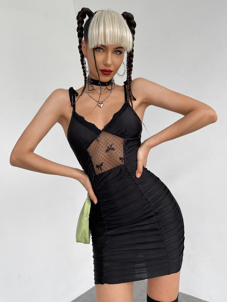 SHEIN Lace Insert Tie Shoulder Ruched Cami Bodycon Dress | SHEIN