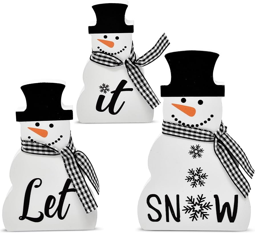 3 Christmas Snowman Wooden Table Decorations Centerpiece Block Holiday Wood White & Black Winter ... | Amazon (US)