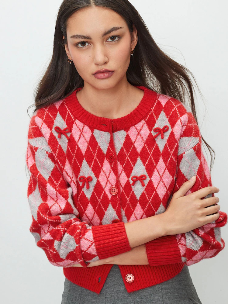 Red/Pink Argyle Bows Crew Neck Knitted Cardigan | Next US